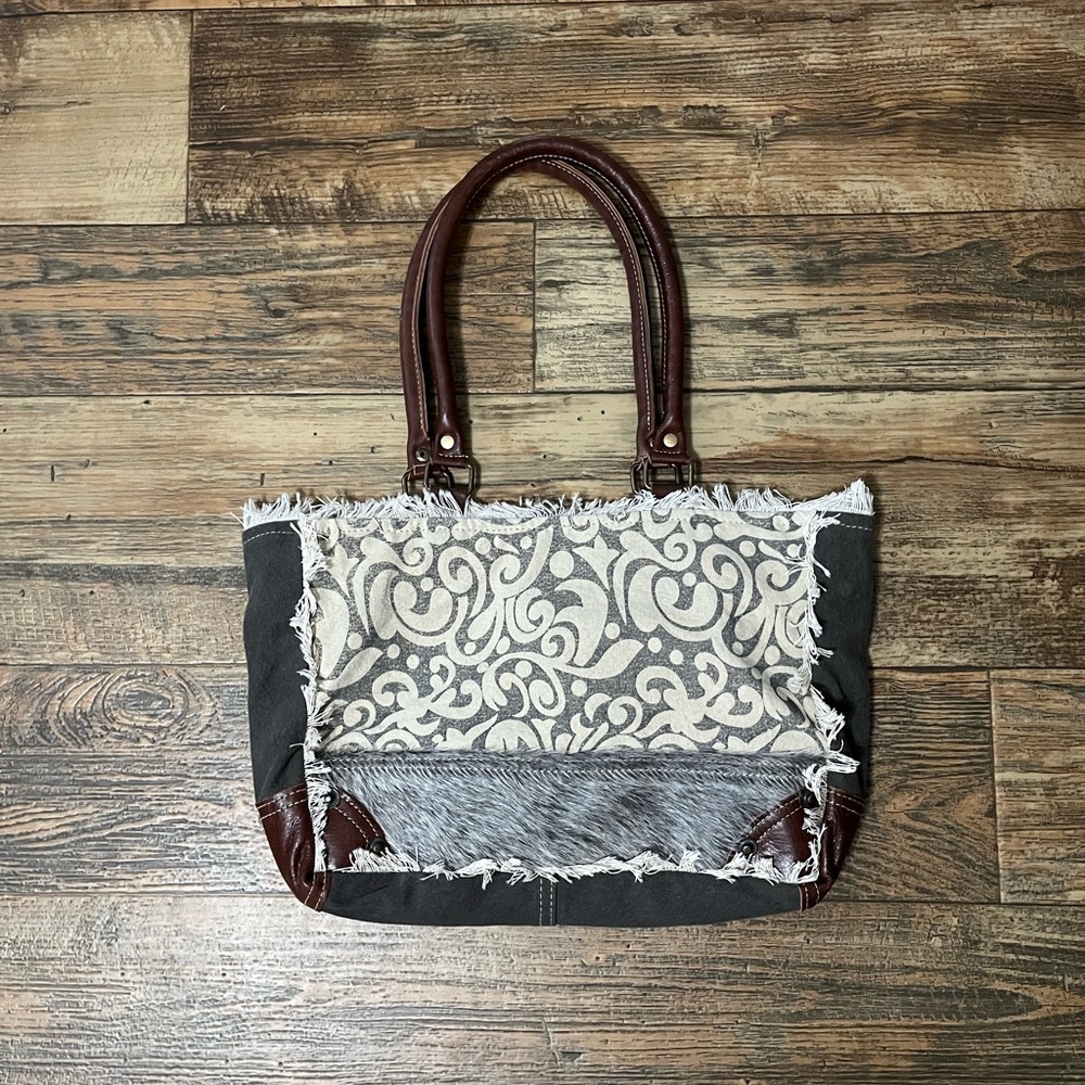 Myra Bag Brown, Gray, Cream Canvas Tote with Pattern and Leather Trim